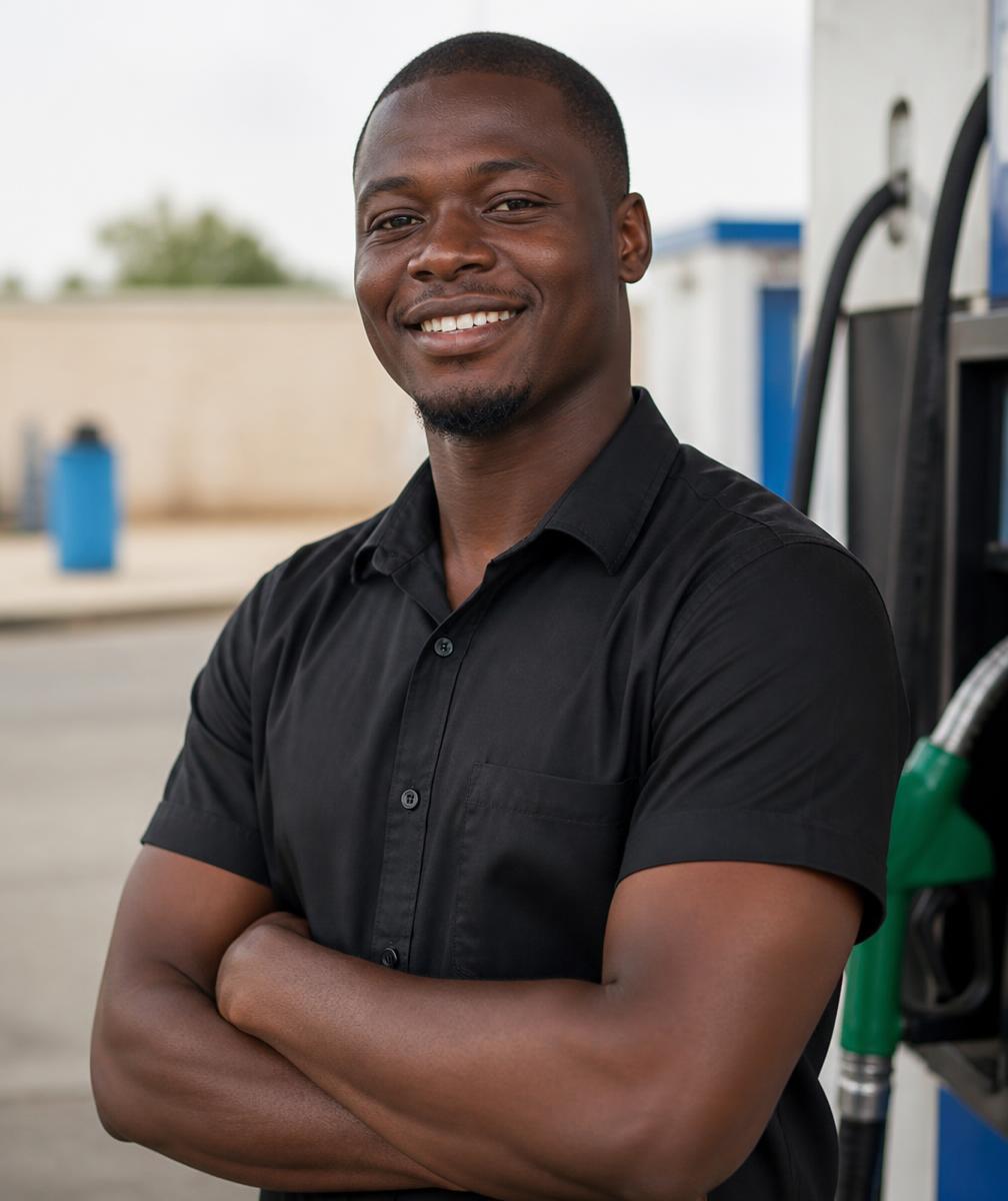 An OGIZ Energy attendant beside a fuel pump
